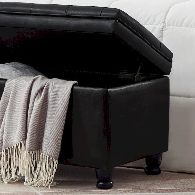 Black Faux Leather Tufted Storage Bench with Spindle Legs