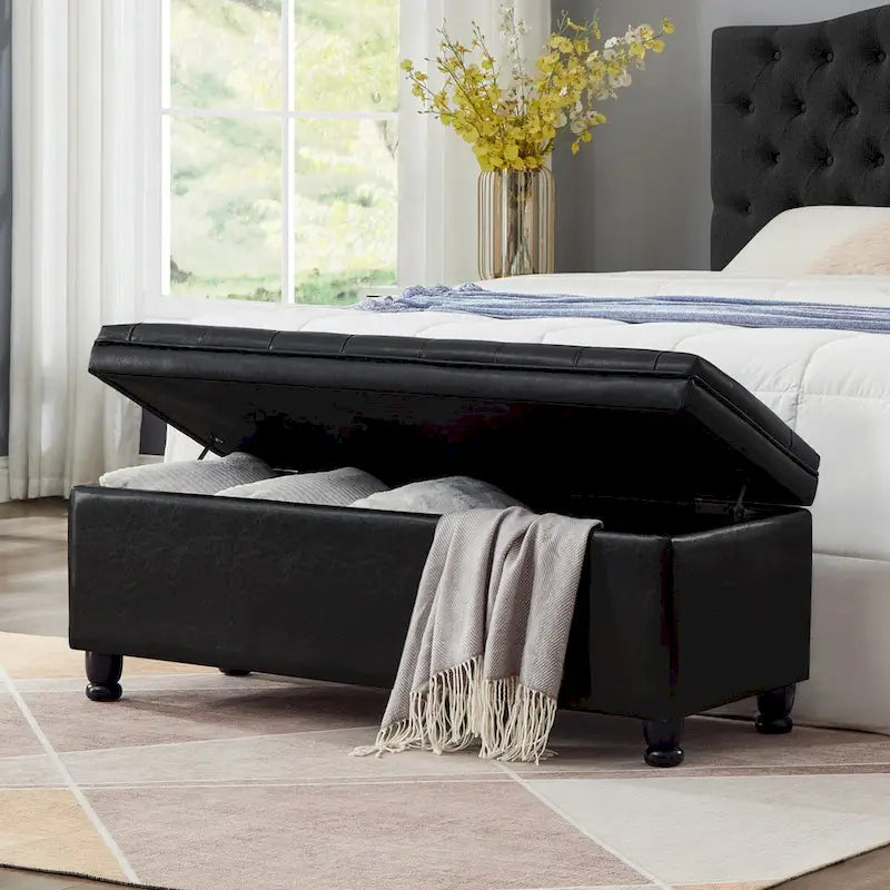 Black Faux Leather Tufted Storage Bench with Spindle Legs
