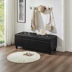 Black Faux Leather Tufted Storage Bench with Spindle Legs
