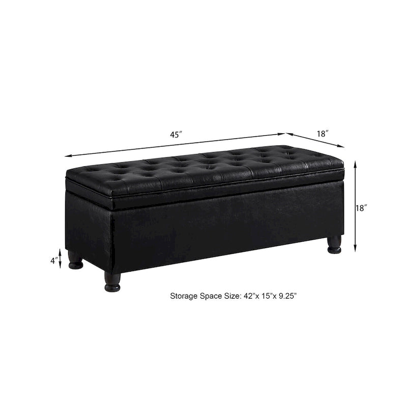 Black Faux Leather Tufted Storage Bench with Spindle Legs