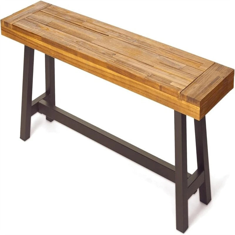 Modern Industrial Hardwood Slat Top Powder-Coated Outdoor Dining Bench