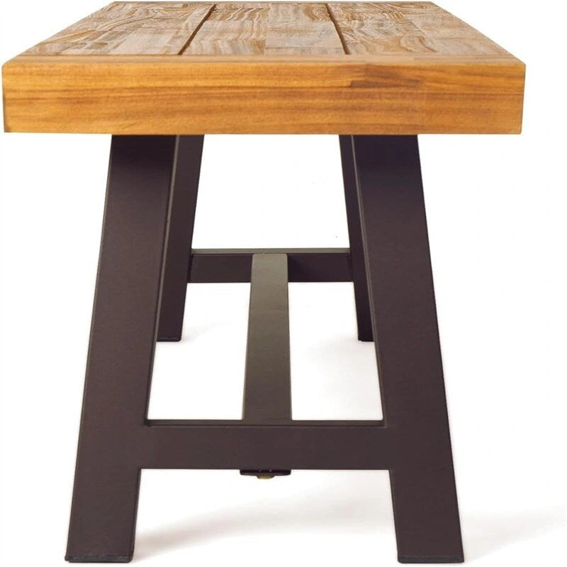 Modern Industrial Hardwood Slat Top Powder-Coated Outdoor Dining Bench