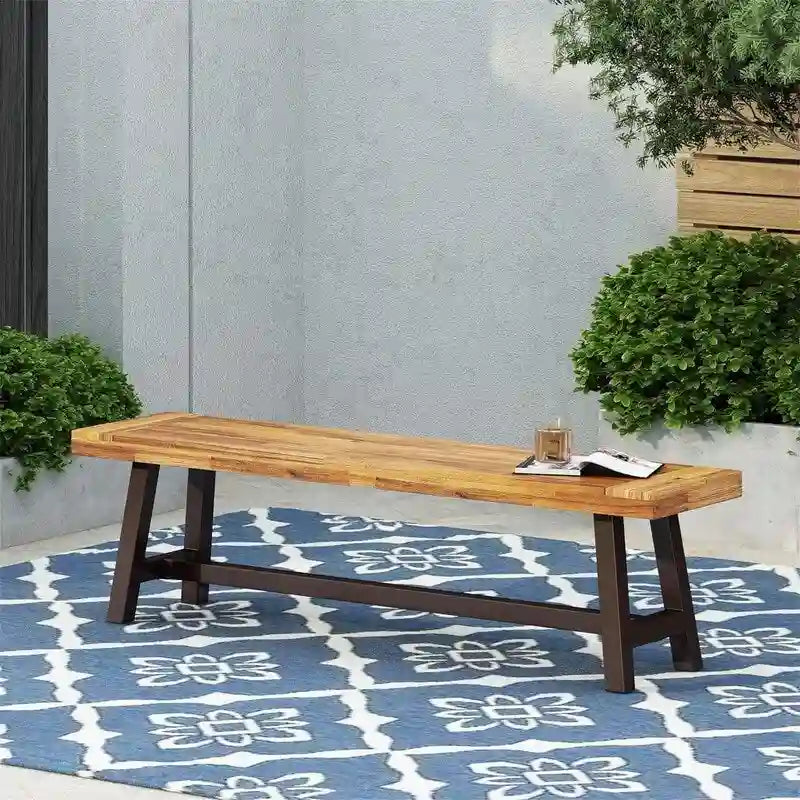 Modern Industrial Hardwood Slat Top Powder-Coated Outdoor Dining Bench