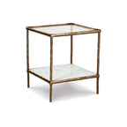 25 Inch Accent Table, Square Glass Tabletop, Marble, Antique Gold
