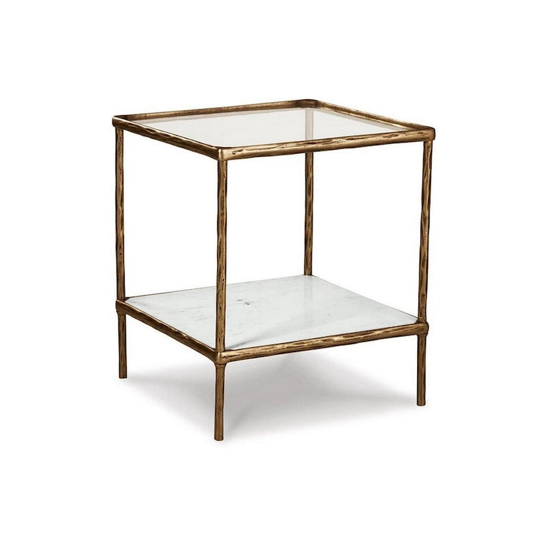 25 Inch Accent Table, Square Glass Tabletop, Marble, Antique Gold