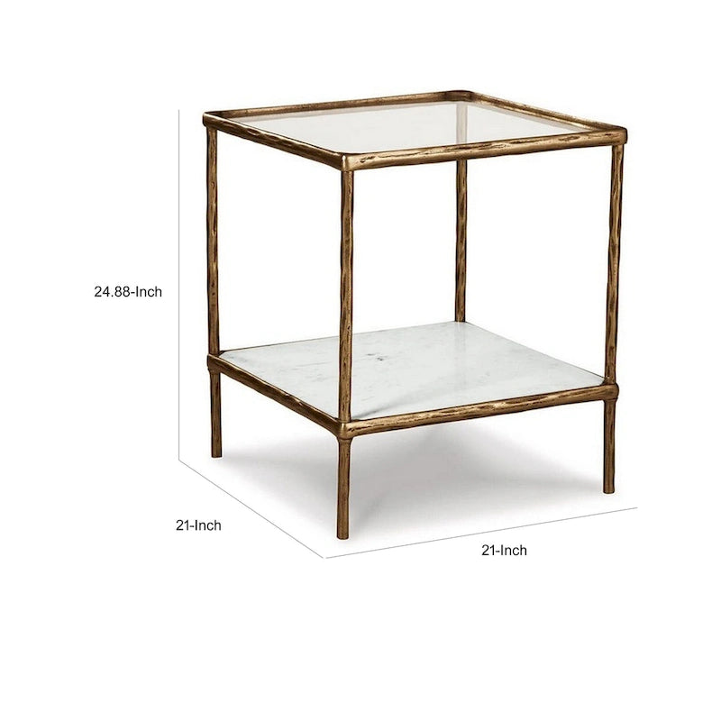 25 Inch Accent Table, Square Glass Tabletop, Marble, Antique Gold