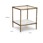 25 Inch Accent Table, Square Glass Tabletop, Marble, Antique Gold