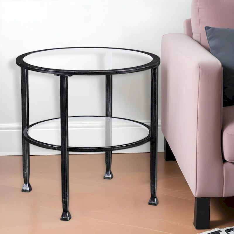 24-Inch Black Glass and Iron Round End Table
