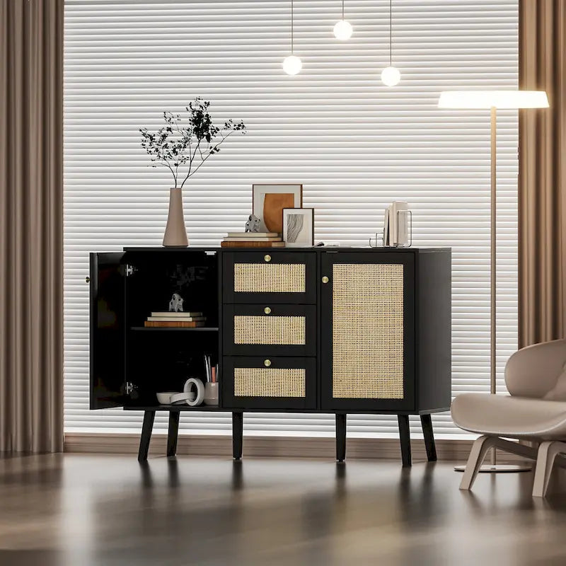 Modernes schwarzes Buffet-Sideboard aus Holz und Rattan, Akzent-Stauraumschrank mit 3 Schubladen und 2 Türen