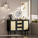Modernes schwarzes Buffet-Sideboard aus Holz und Rattan, Akzent-Stauraumschrank mit 3 Schubladen und 2 Türen