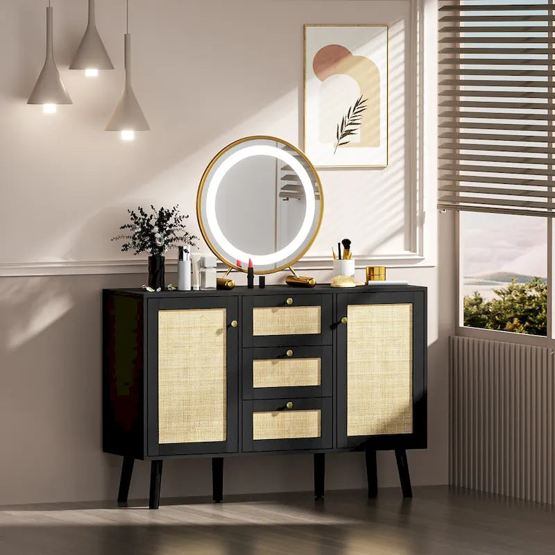 Modern Wood Rattan Black Buffet Sideboard Accent Storage Cabinet with 3 Drawers and 2 Doors