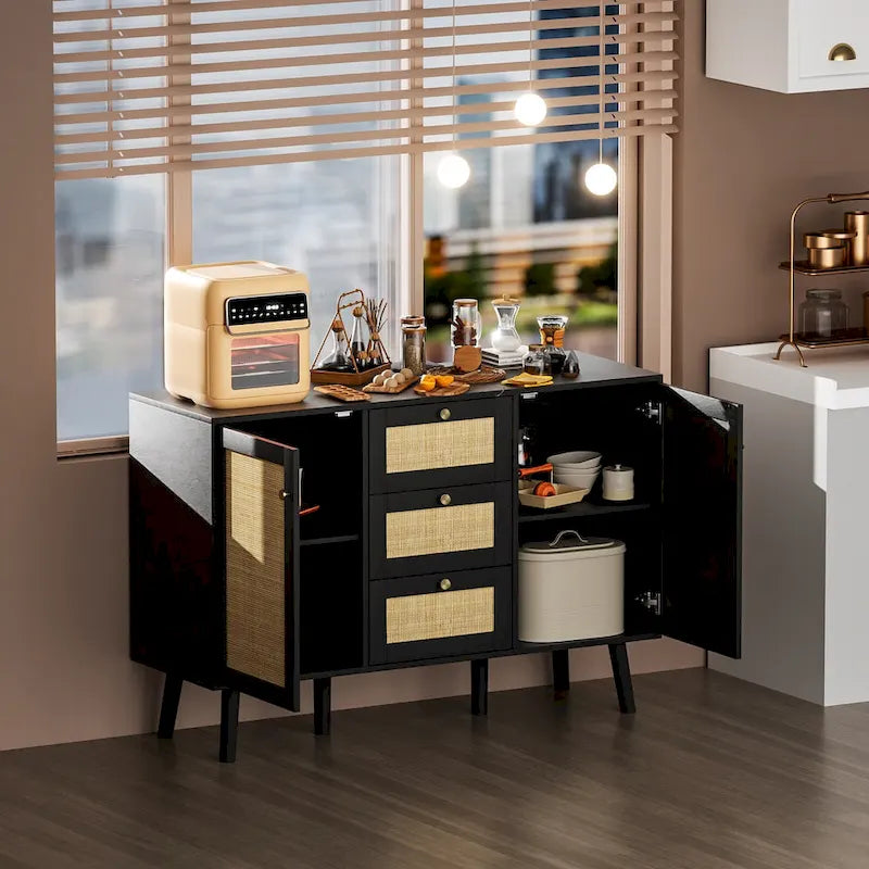 Modern Wood Rattan Black Buffet Sideboard Accent Storage Cabinet with 3 Drawers and 2 Doors