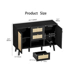 Modernes schwarzes Buffet-Sideboard aus Holz und Rattan, Akzent-Stauraumschrank mit 3 Schubladen und 2 Türen