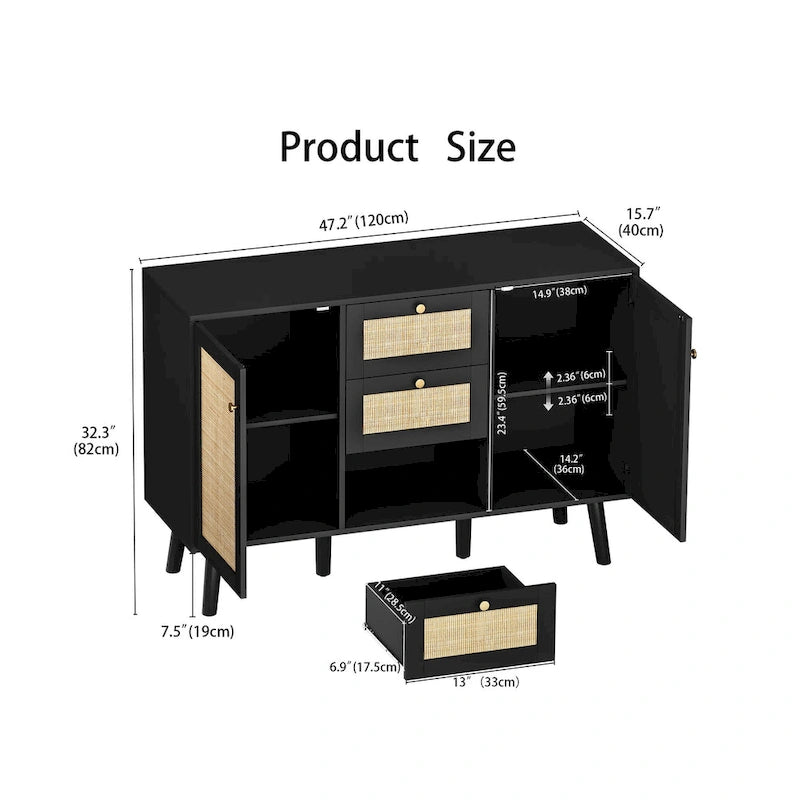 Modern Wood Rattan Black Buffet Sideboard Accent Storage Cabinet with 3 Drawers and 2 Doors