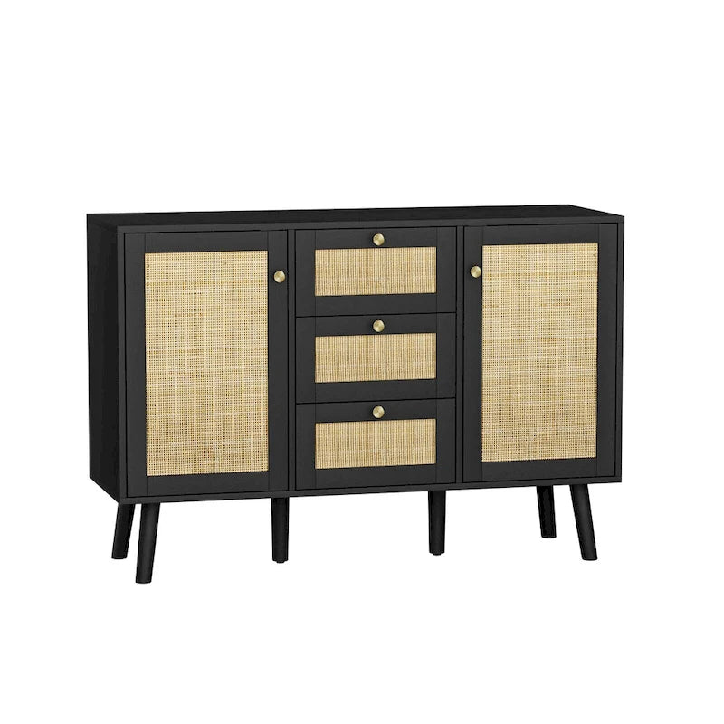 Modernes schwarzes Buffet-Sideboard aus Holz und Rattan, Akzent-Stauraumschrank mit 3 Schubladen und 2 Türen
