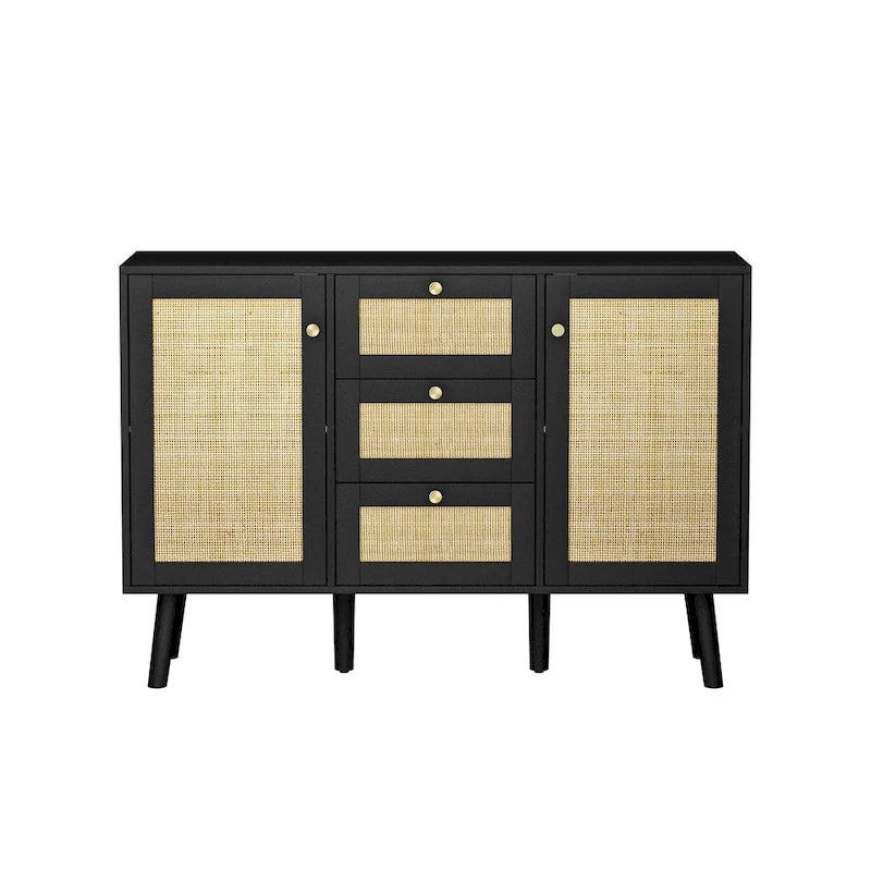 Modernes schwarzes Buffet-Sideboard aus Holz und Rattan, Akzent-Stauraumschrank mit 3 Schubladen und 2 Türen