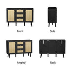 Modernes schwarzes Buffet-Sideboard aus Holz und Rattan, Akzent-Stauraumschrank mit 3 Schubladen und 2 Türen