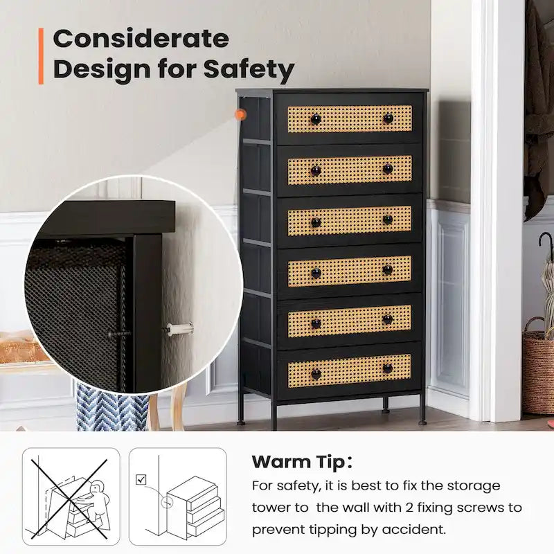 6-Drawer Dresser Chest PE Rattan Storage Tower Organizer Cabinet