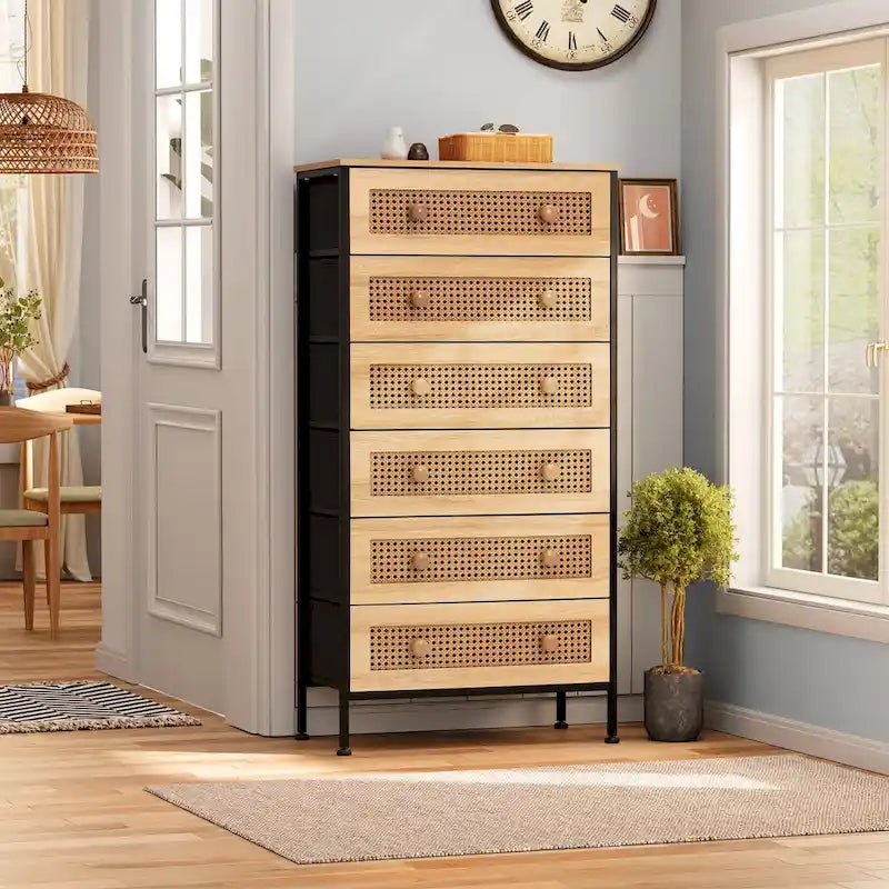 6-Drawer Dresser Chest PE Rattan Storage Tower Organizer Cabinet