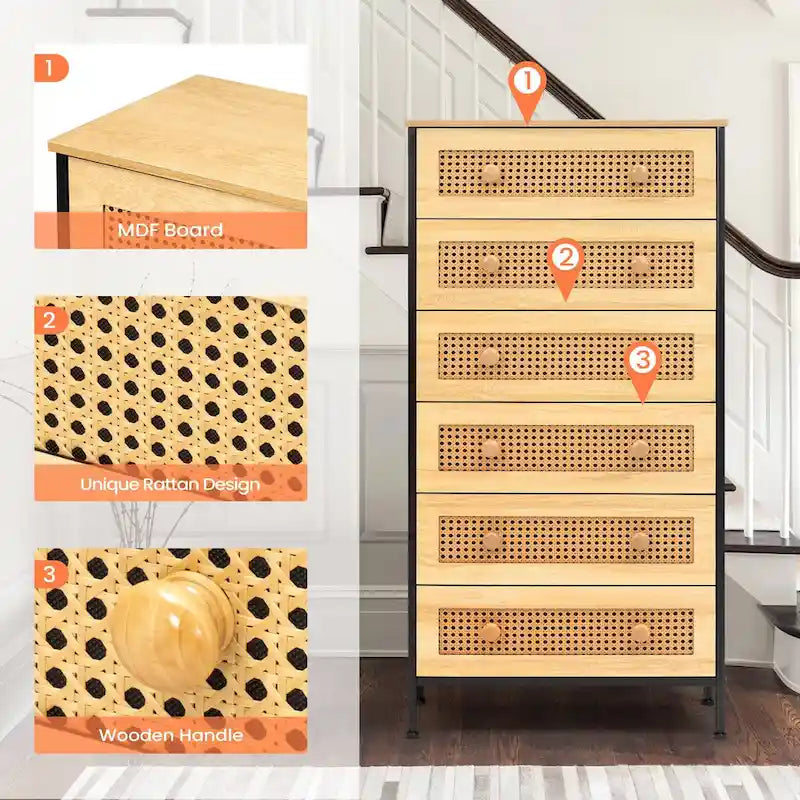 6-Drawer Dresser Chest PE Rattan Storage Tower Organizer Cabinet