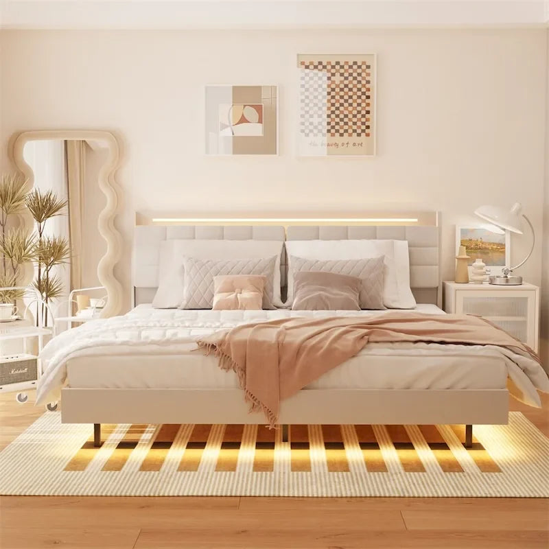 Queen Size LED Upholstered Platform Bed with Headboard and Charging Station