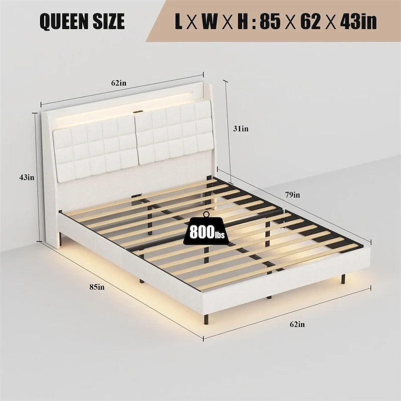 Queen Size LED Upholstered Platform Bed with Headboard and Charging Station