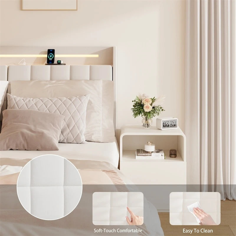 Queen Size LED Upholstered Platform Bed with Headboard and Charging Station
