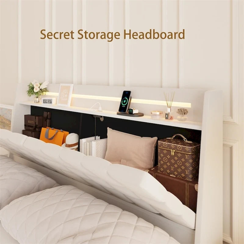 Queen Size LED Upholstered Platform Bed with Headboard and Charging Station