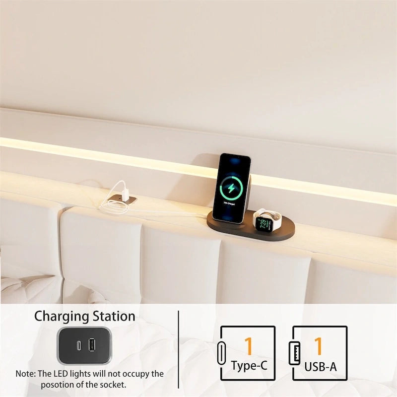 Queen Size LED Upholstered Platform Bed with Headboard and Charging Station