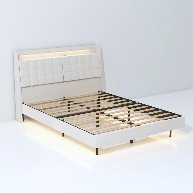 Queen Size LED Upholstered Platform Bed with Headboard and Charging Station